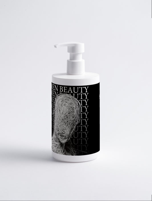 White bottle with black label featuring a face design on a white background, sensitive scalp shampoo.