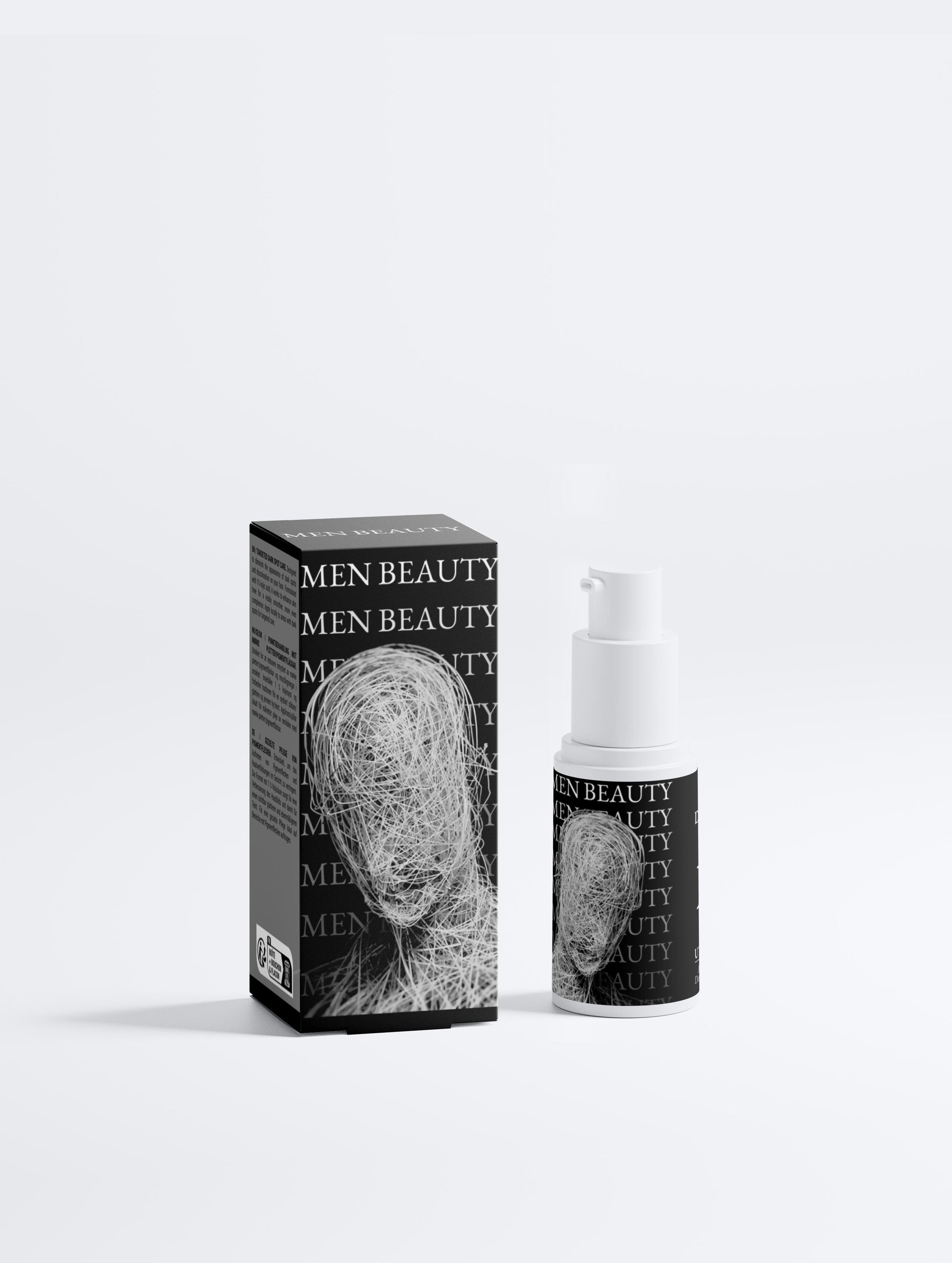 Men's beauty product packaging with spray bottle and box on a white background, Dark Spot Care.