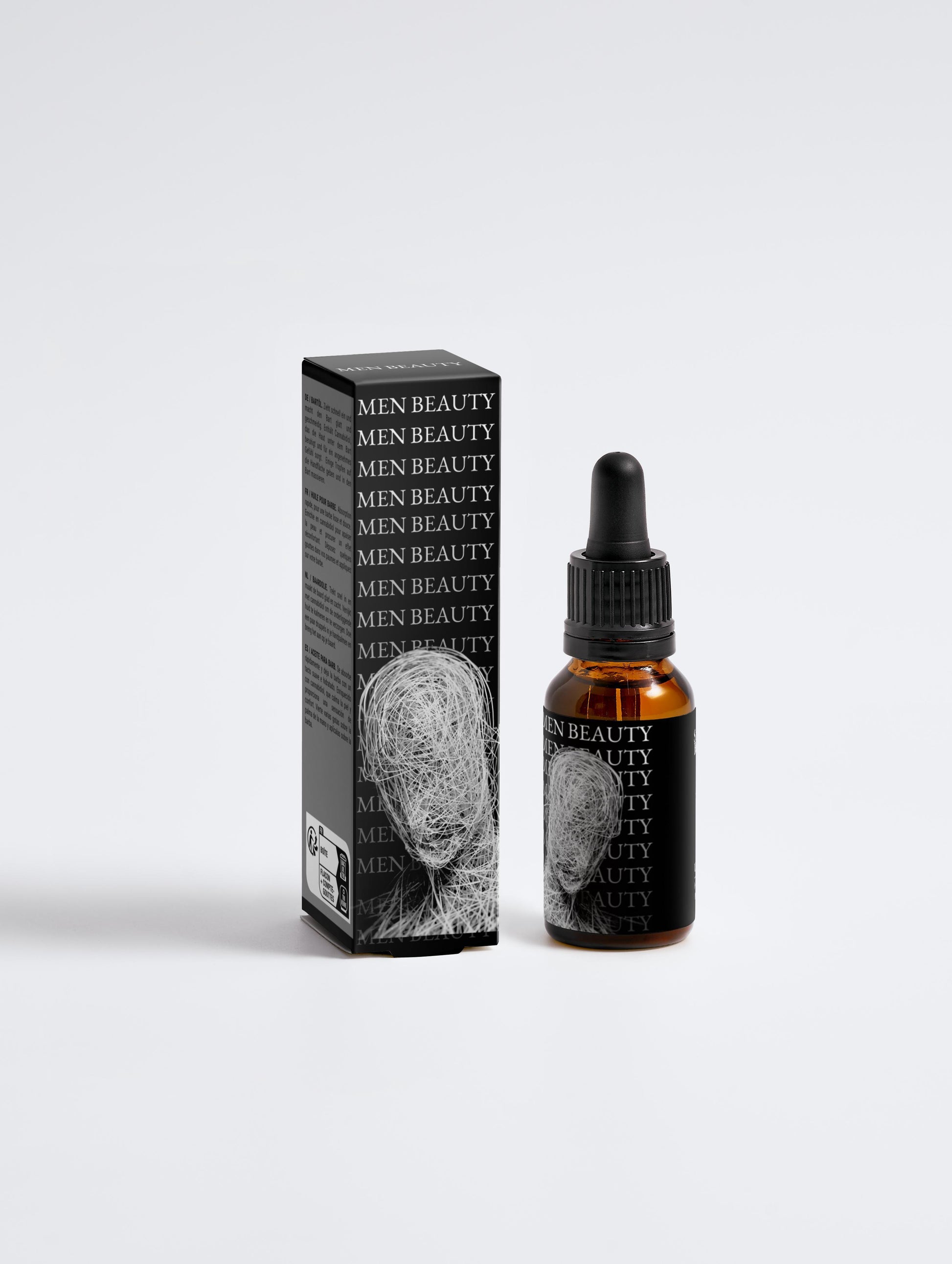 Men Beauty dropper bottle and packaging on a white background, Softening Beard Oil.