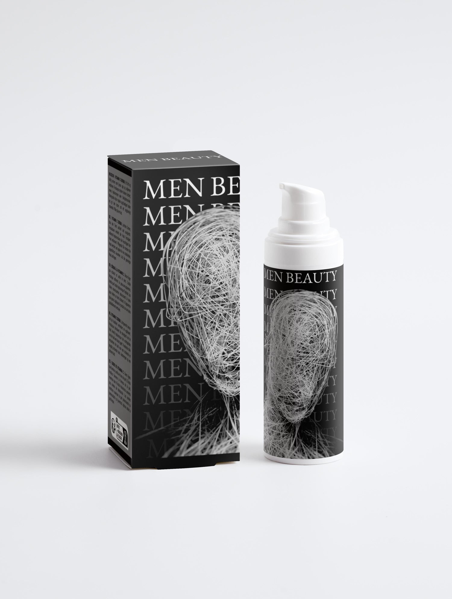 Men's beauty product packaging with box and bottle on a white background, Vitamin C Serum.