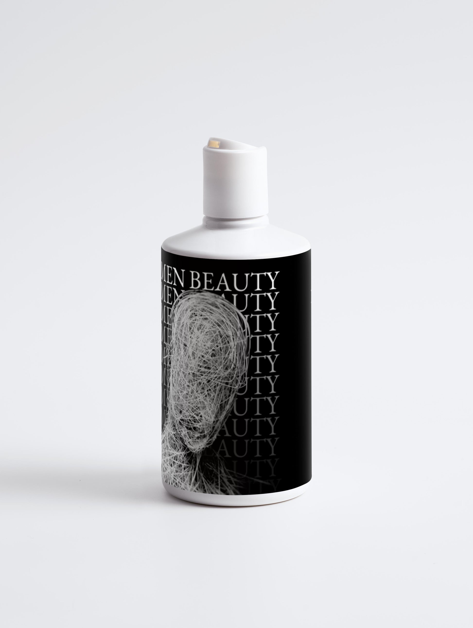White bottle with black label featuring an abstract design on a white, background, Volumize Shampoo.