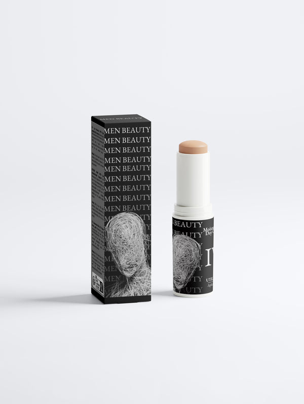 Men's beauty stick with packaging on a white background, SPF50 Stick.