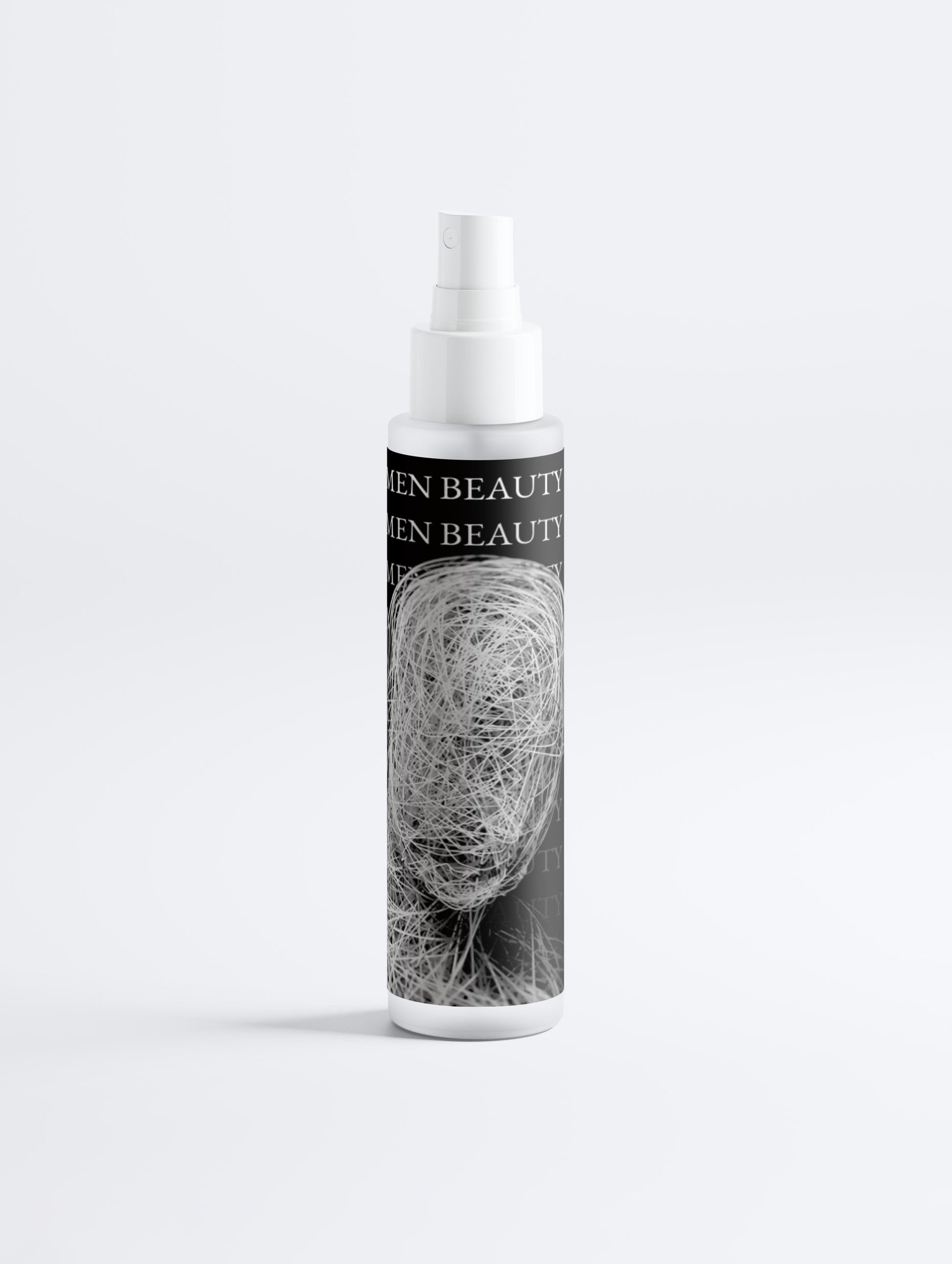 Skincare bottle with label featuring hair strands on a white background, Keratin Hair Mist.