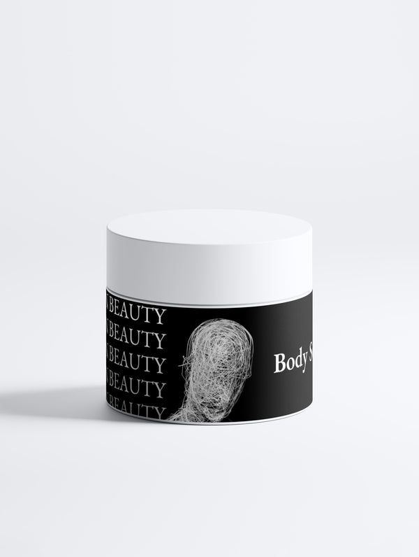 Jar with a black and white label on a white background, body scrub.