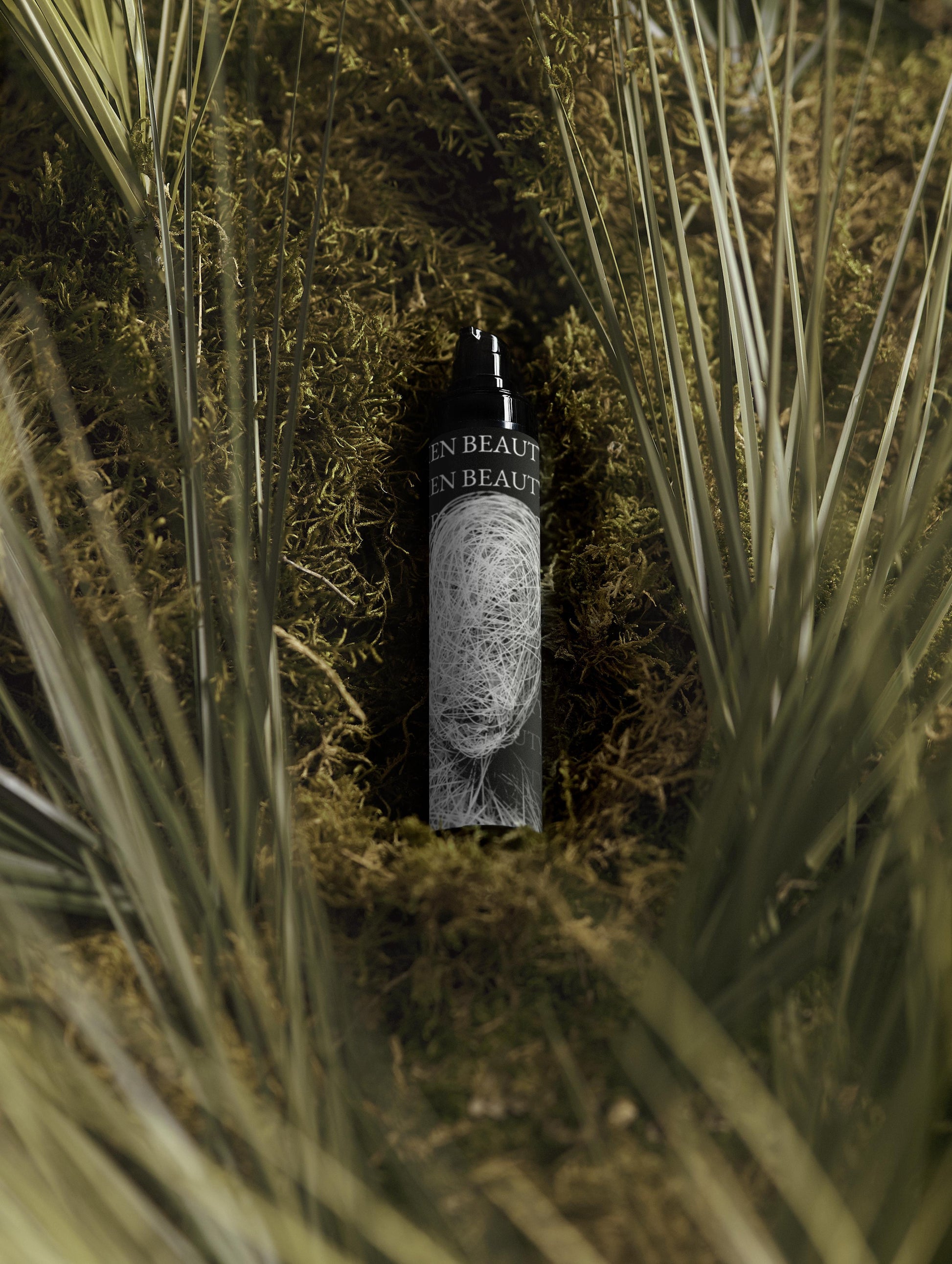 Bottle of Men Beauty in a natural setting with plant, Moisturising Day Cream.