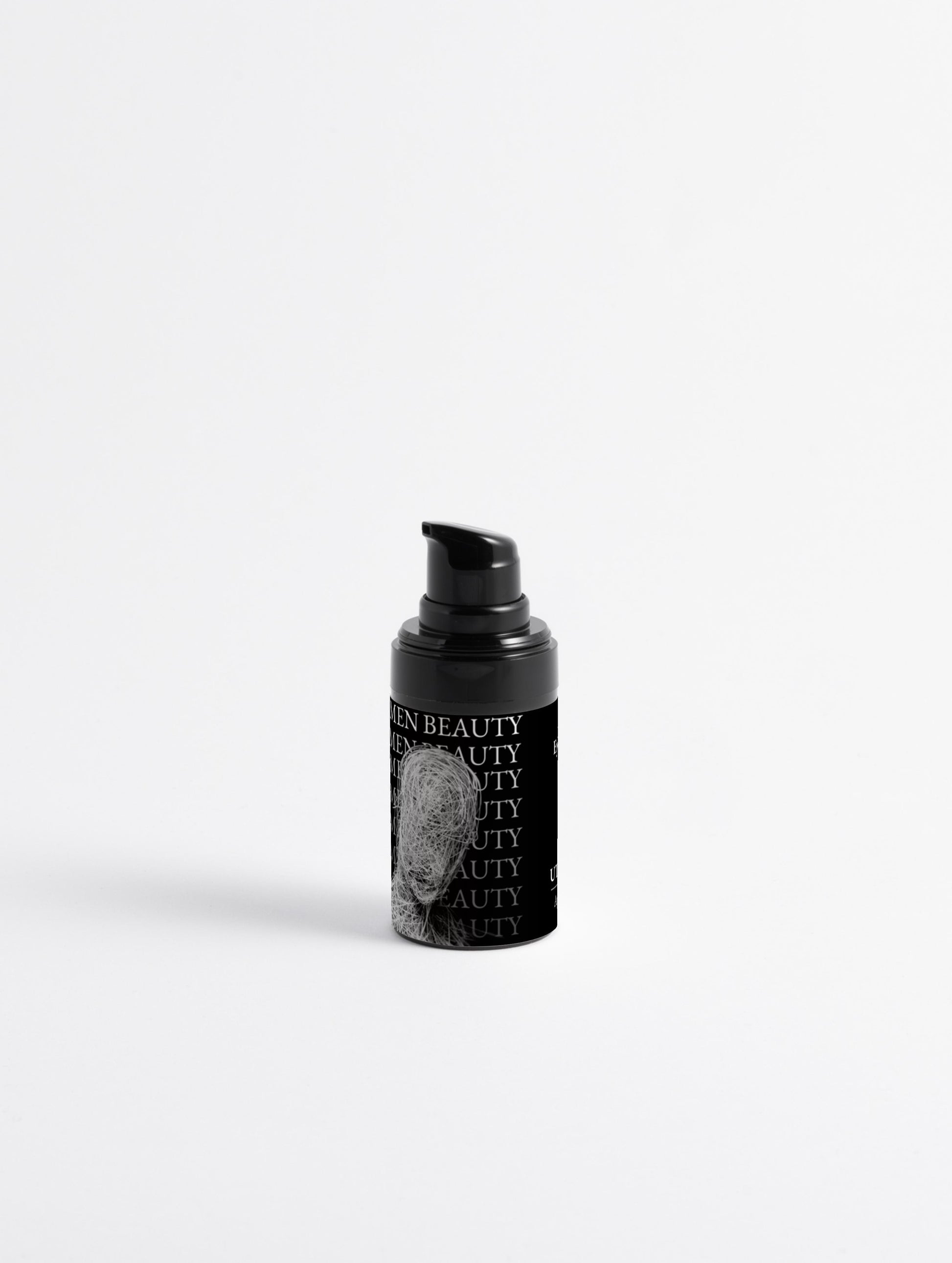 Black skincare bottle with brand logo on a white background, 3-in-1 Eye Cream.