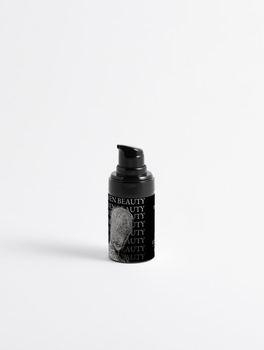 Black skincare bottle with brand logo on a white background, 3-in-1 Eye Cream.