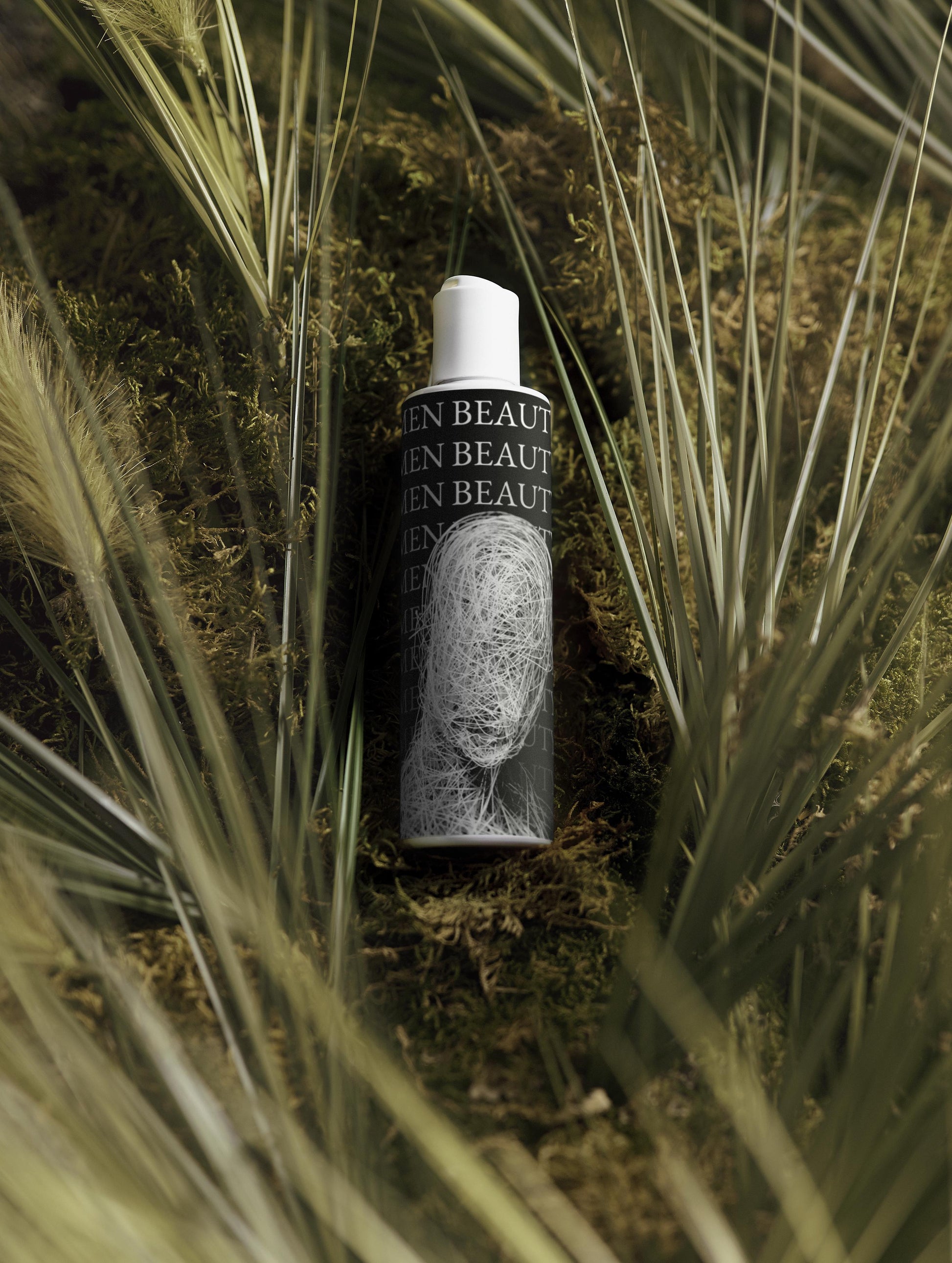 Skincare bottle with 'MEN BEAUTY' branding on a natural background, Hydrating Toner.
