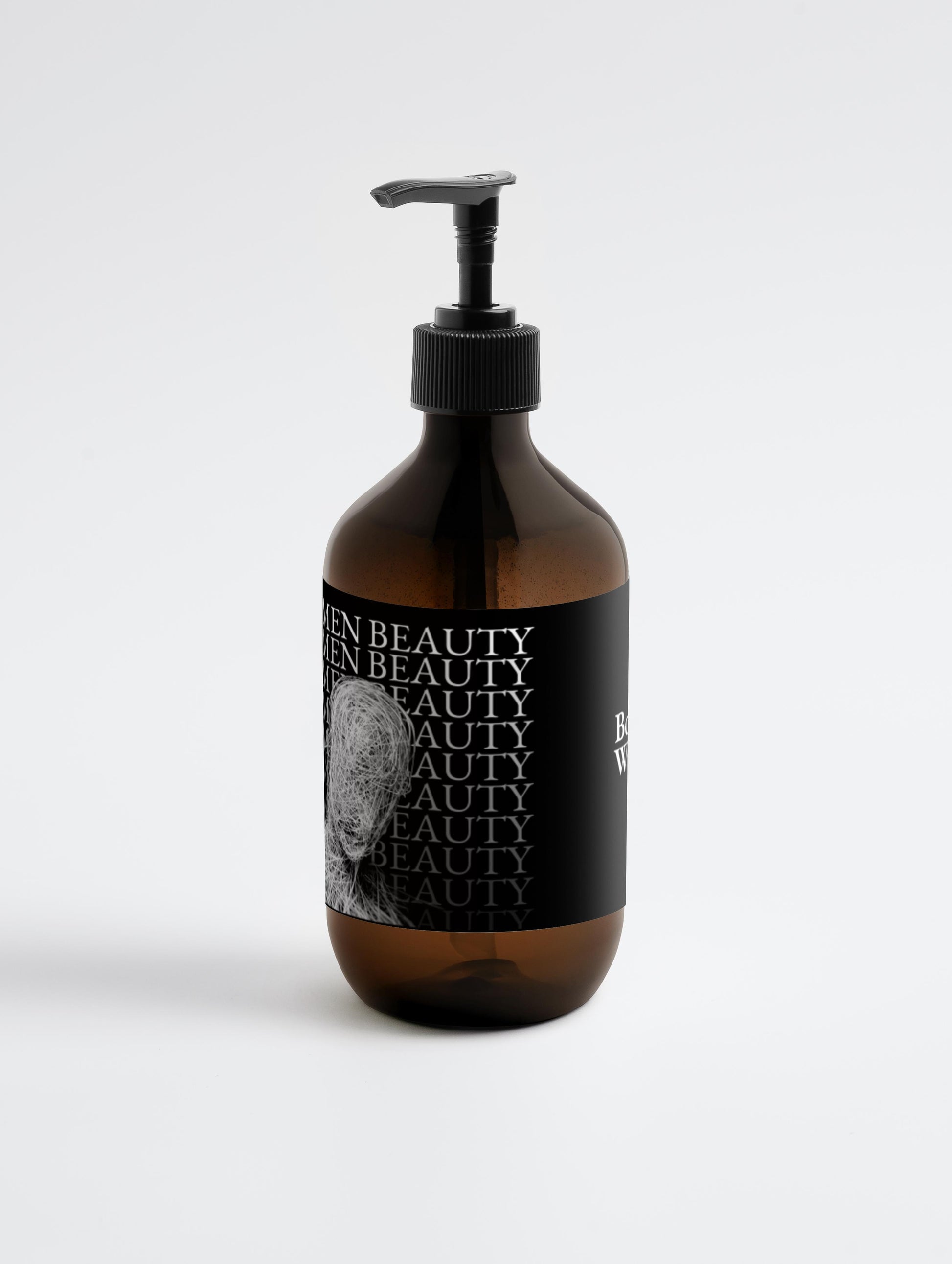 Brown bottle with black pump and label on a white background, Body Wash