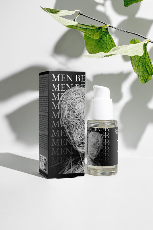 Men's beauty product packaging with bottle and box on a light background, Double Hydration Boost Gel + HA.