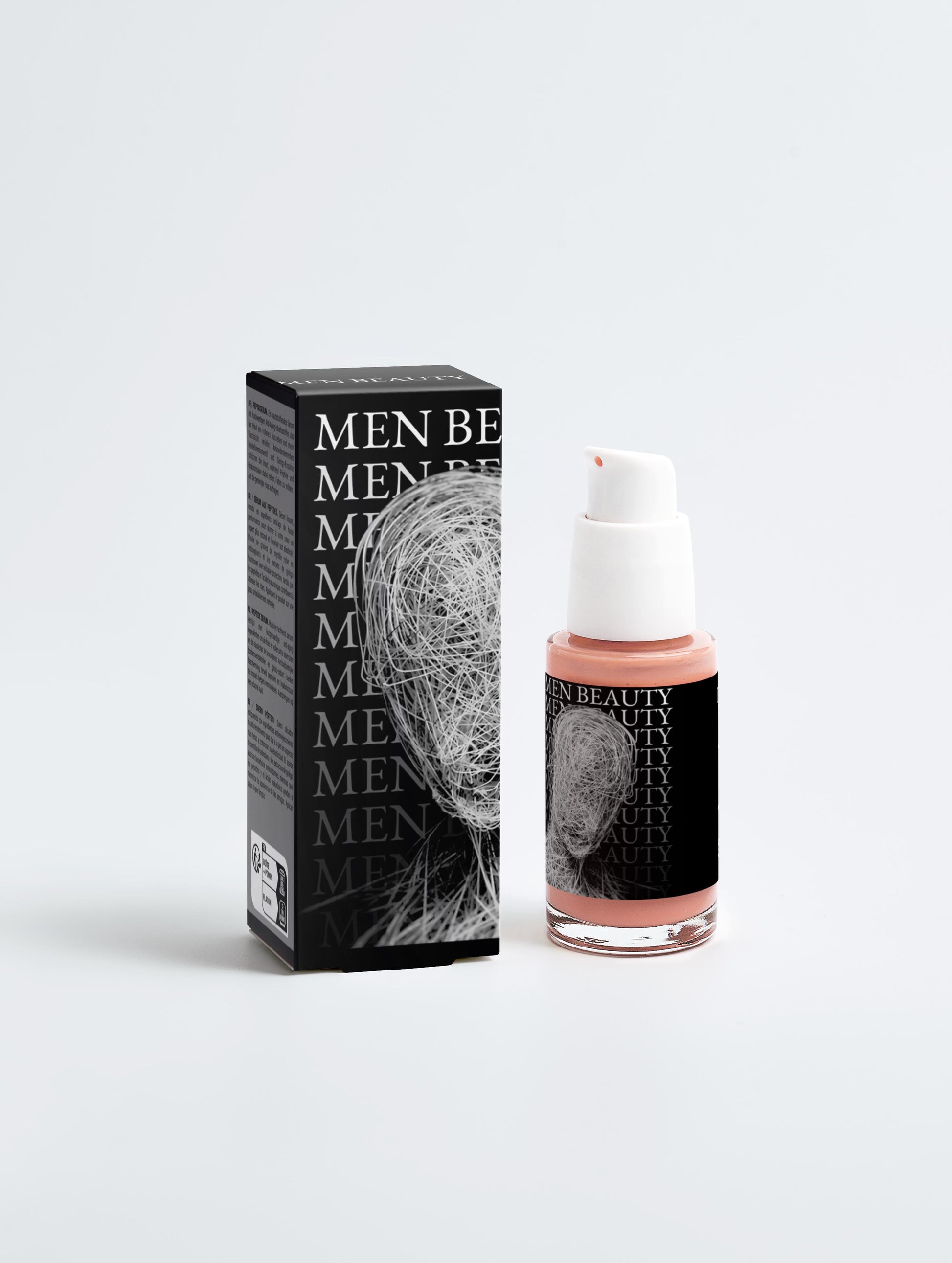 Men's skincare product with packaging on a light gray background, Peptide Serum.