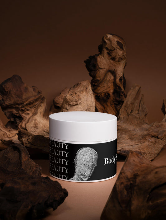 Ceramic container with a black label featuring a face on a brown background, body scrub.