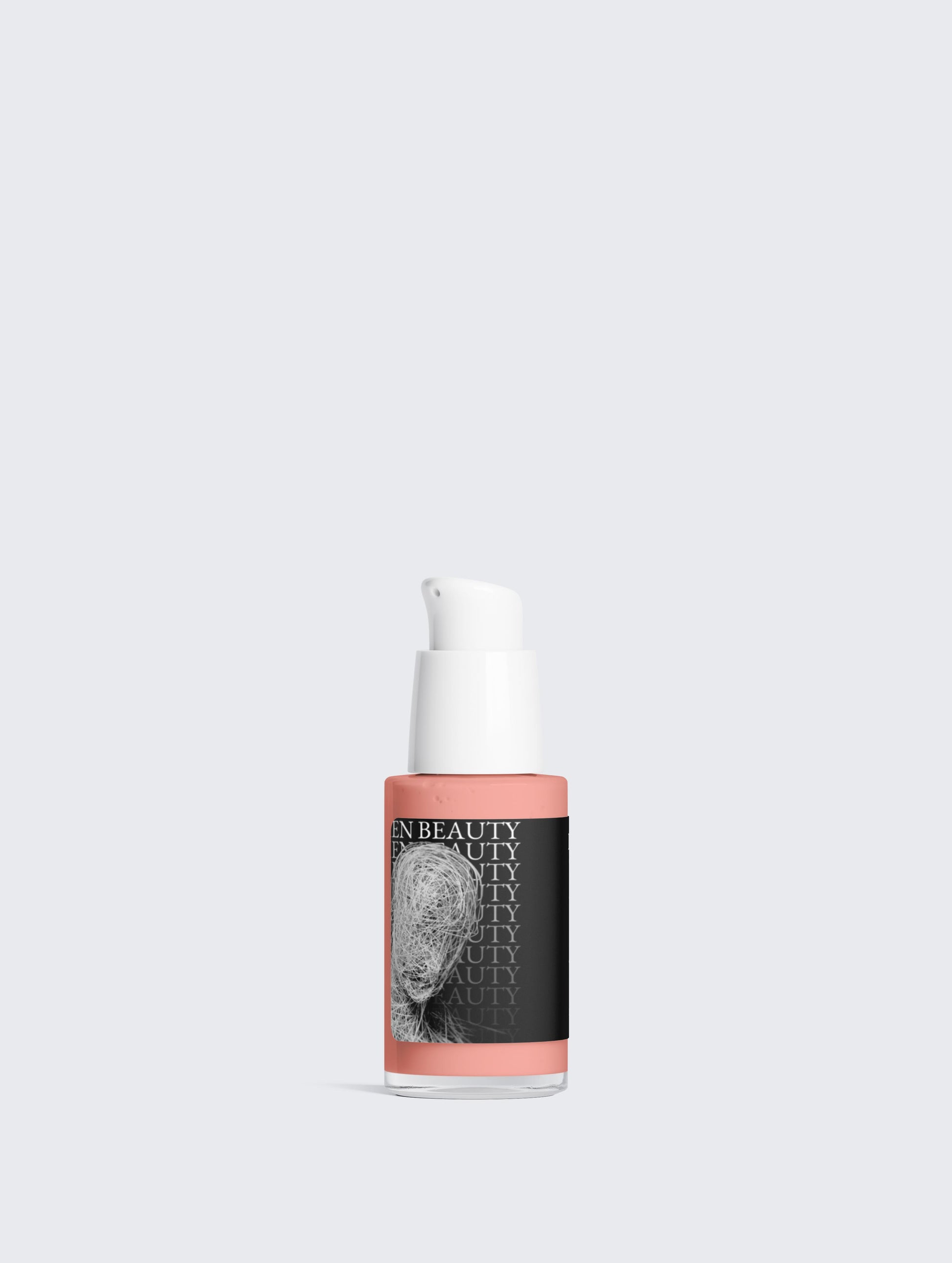 Skincare bottle with a label featuring a face on a light gray background, Peptide Serum.