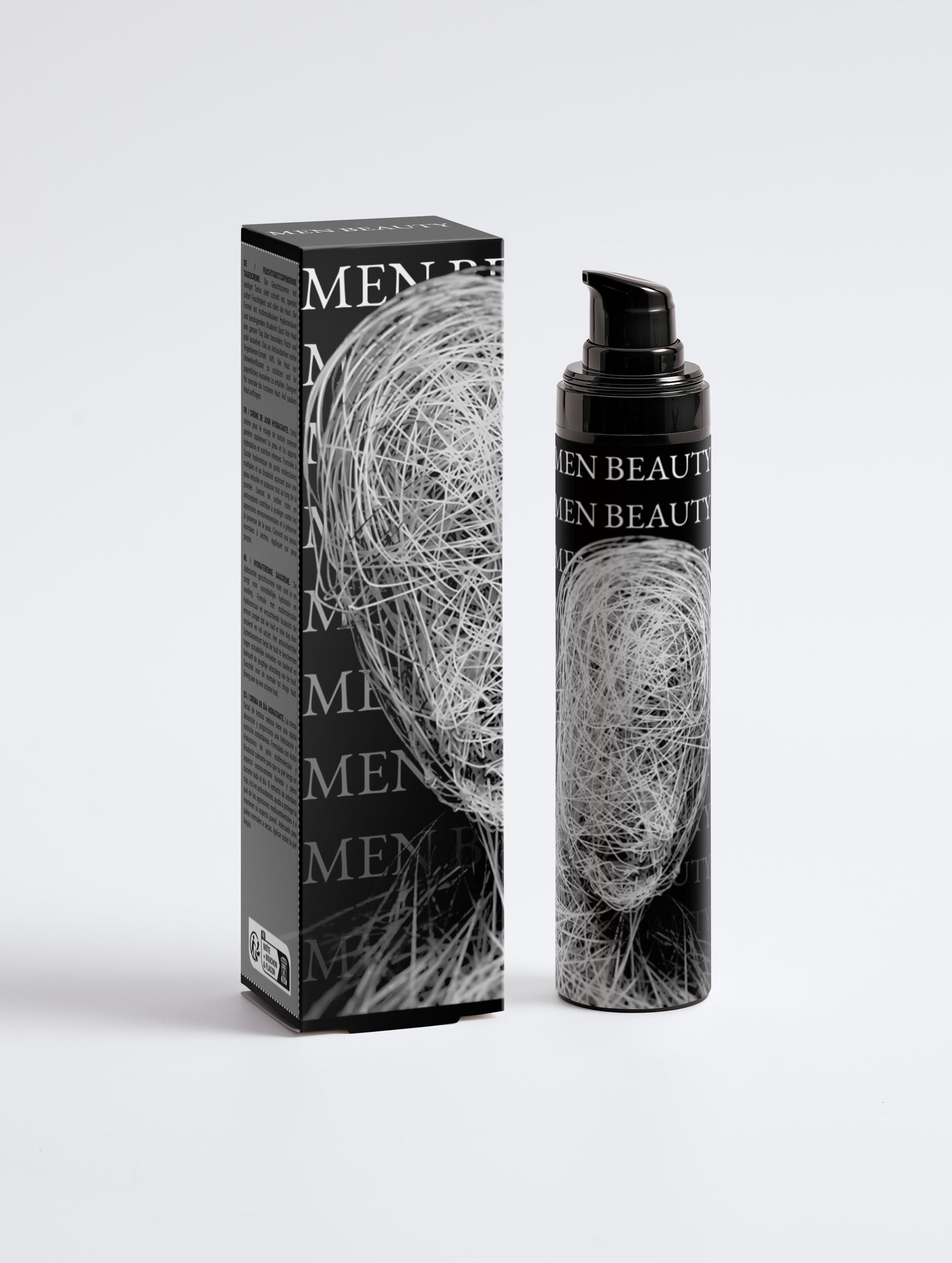 Men's beauty product packaging with a black and white design on a light gray background, Moisturising Day Cream.
