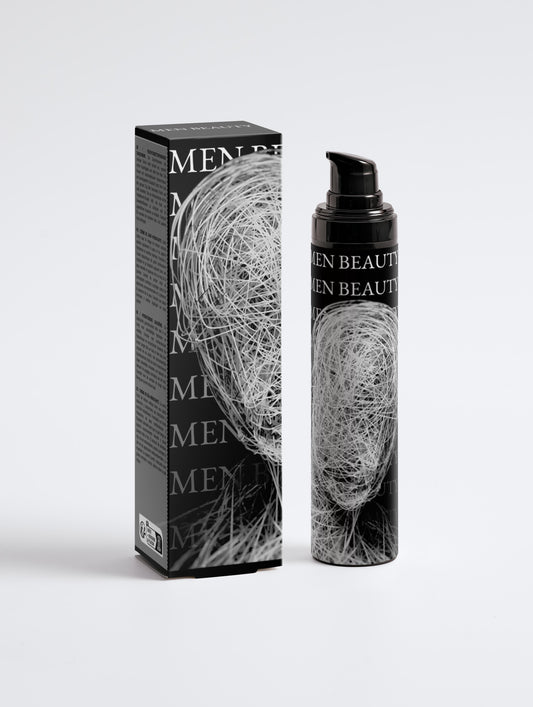 Men's beauty product packaging with a black and white design on a light gray background, Moisturising Day Cream.