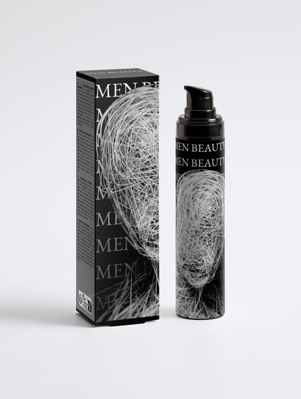 Men's beauty product packaging with a black and white design on a light gray background, Moisturising Day Cream.