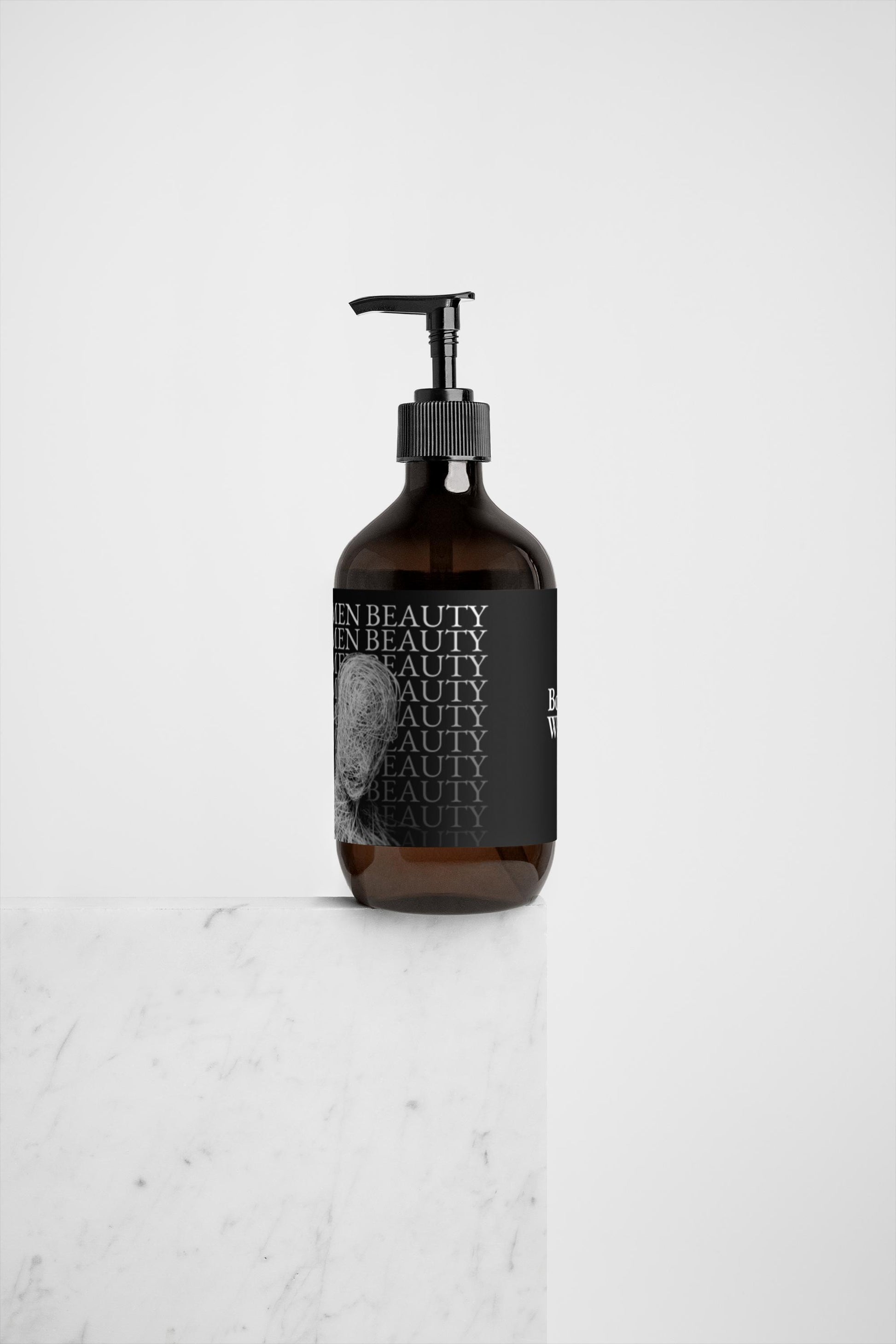 Bottle of skincare product with a pump on a white background, body wash.