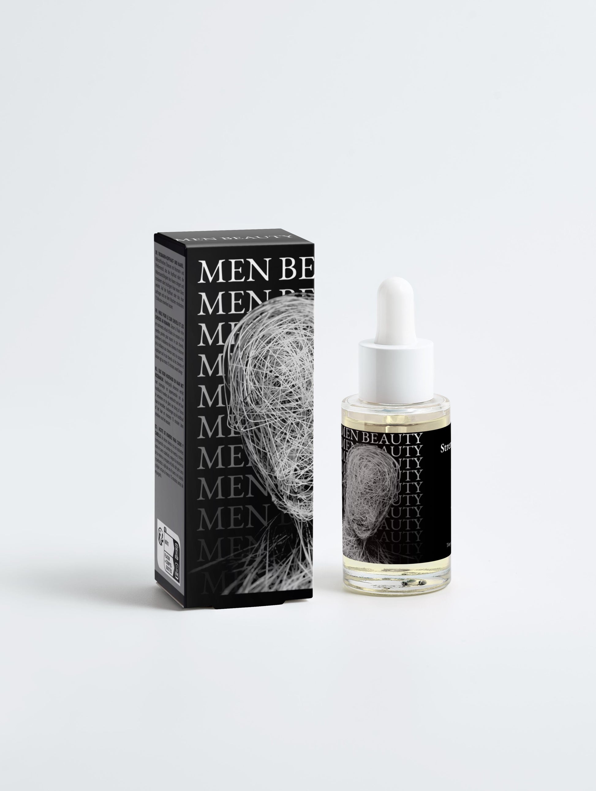 Men's skincare product with packaging on a white background, Scalp Oil.