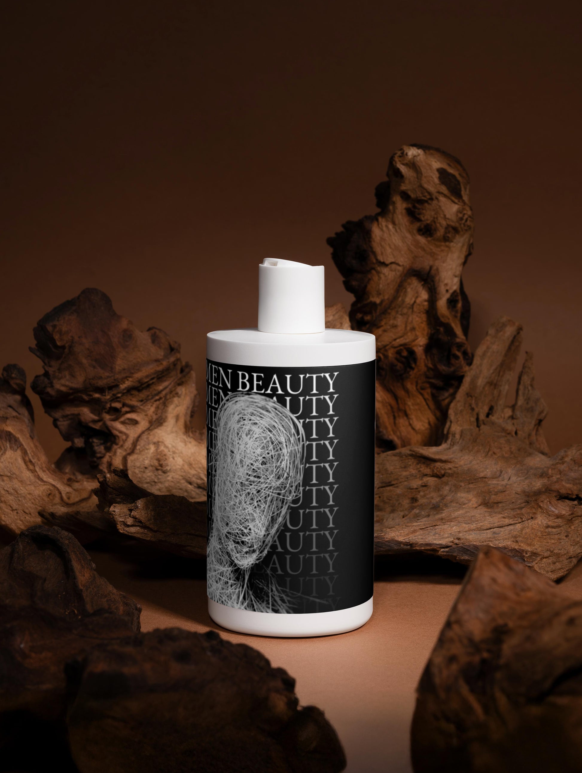 White cylindrical container with black label featuring a face design, placed on a brown surface with wooden elements, Fresh Conditioner.