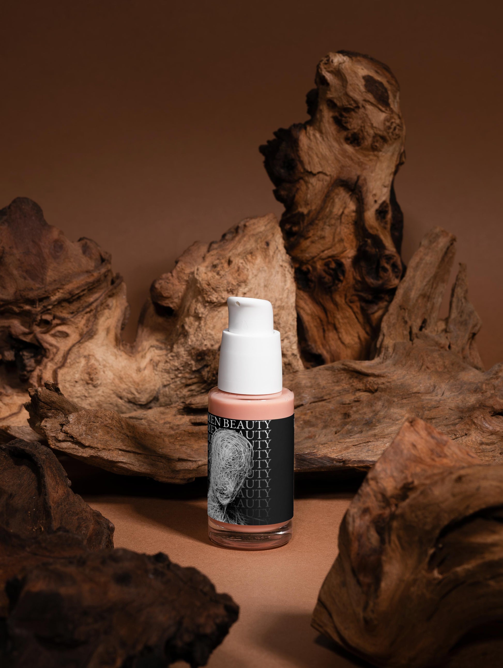 Skincare bottle with a black label on a brown background with wooden textures, Peptide Serum.