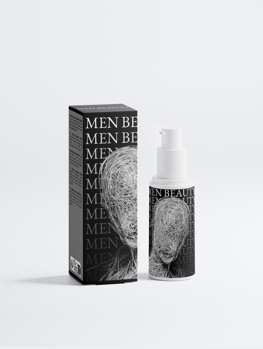Men's beauty product packaging with box and bottle on a light gray background, Retinol Serum.