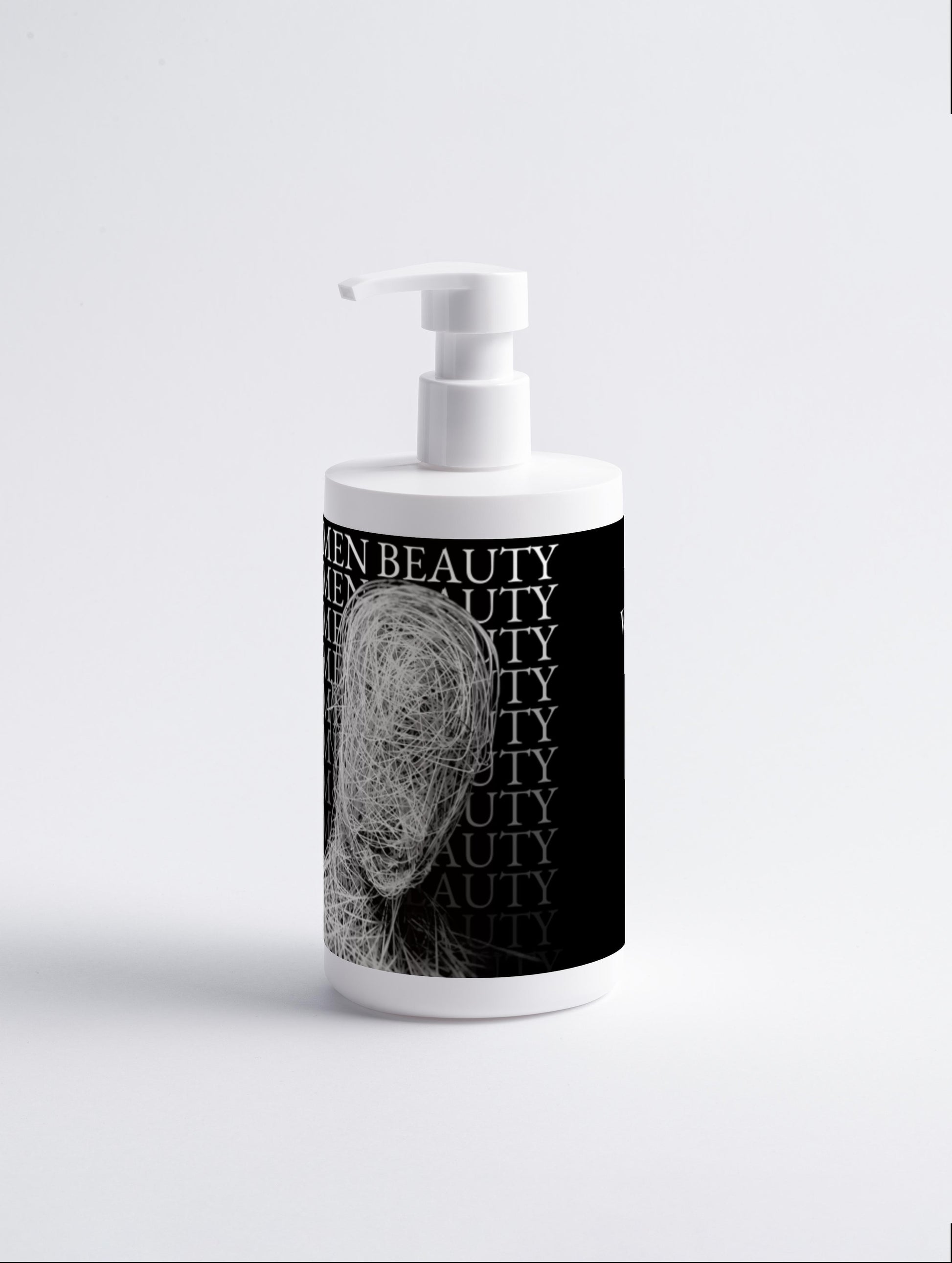 White bottle with black label featuring a face design on a white background, keratin shampoo.