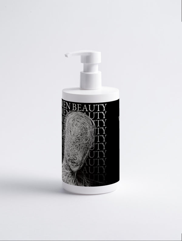 White bottle with black label featuring a face design on a white background, keratin shampoo.