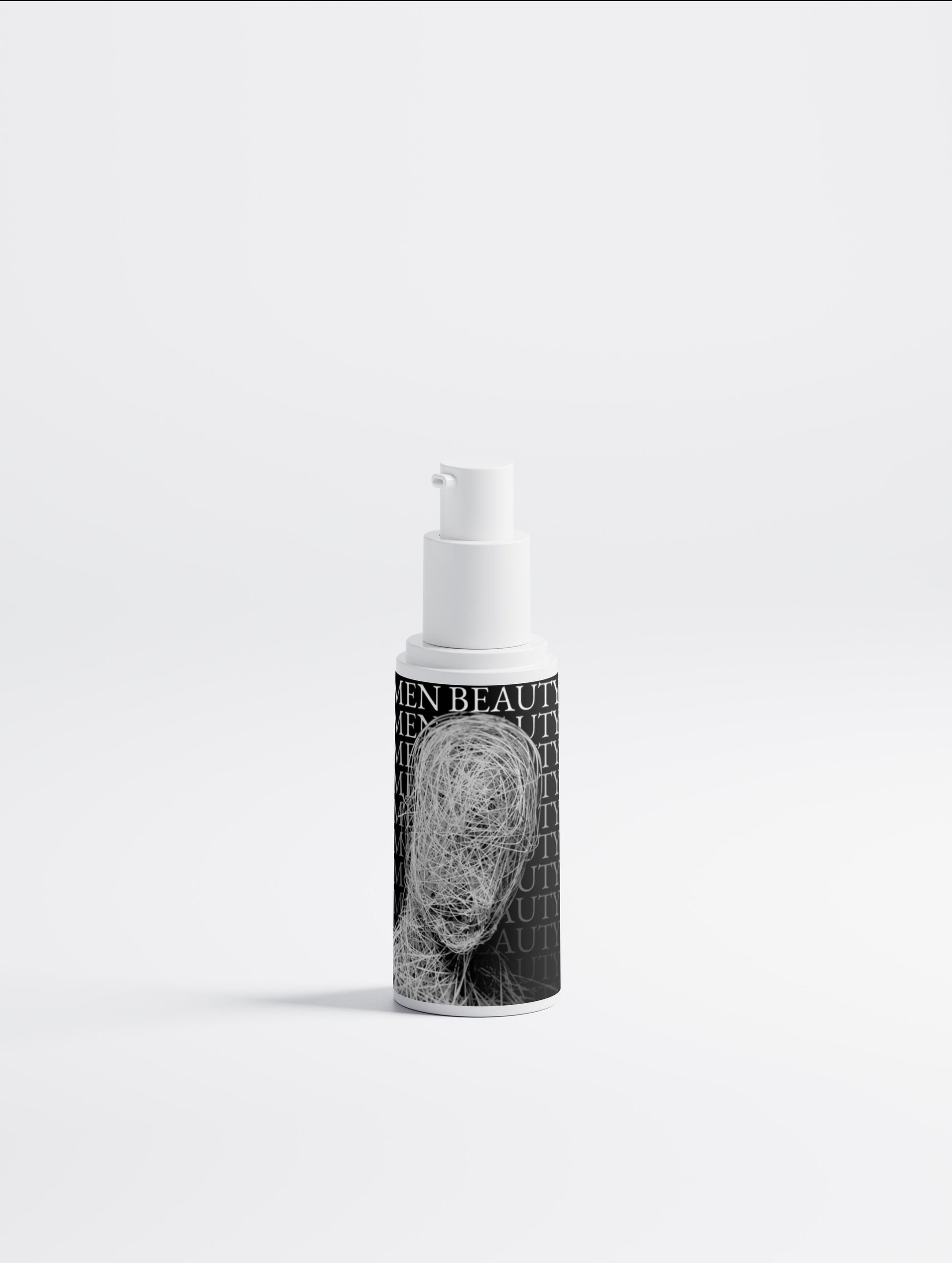 Skincare bottle with black and white label on a white background, Retinol Serum.