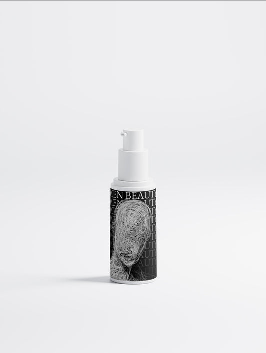 Skincare bottle with black and white label on a white background, Retinol Serum.