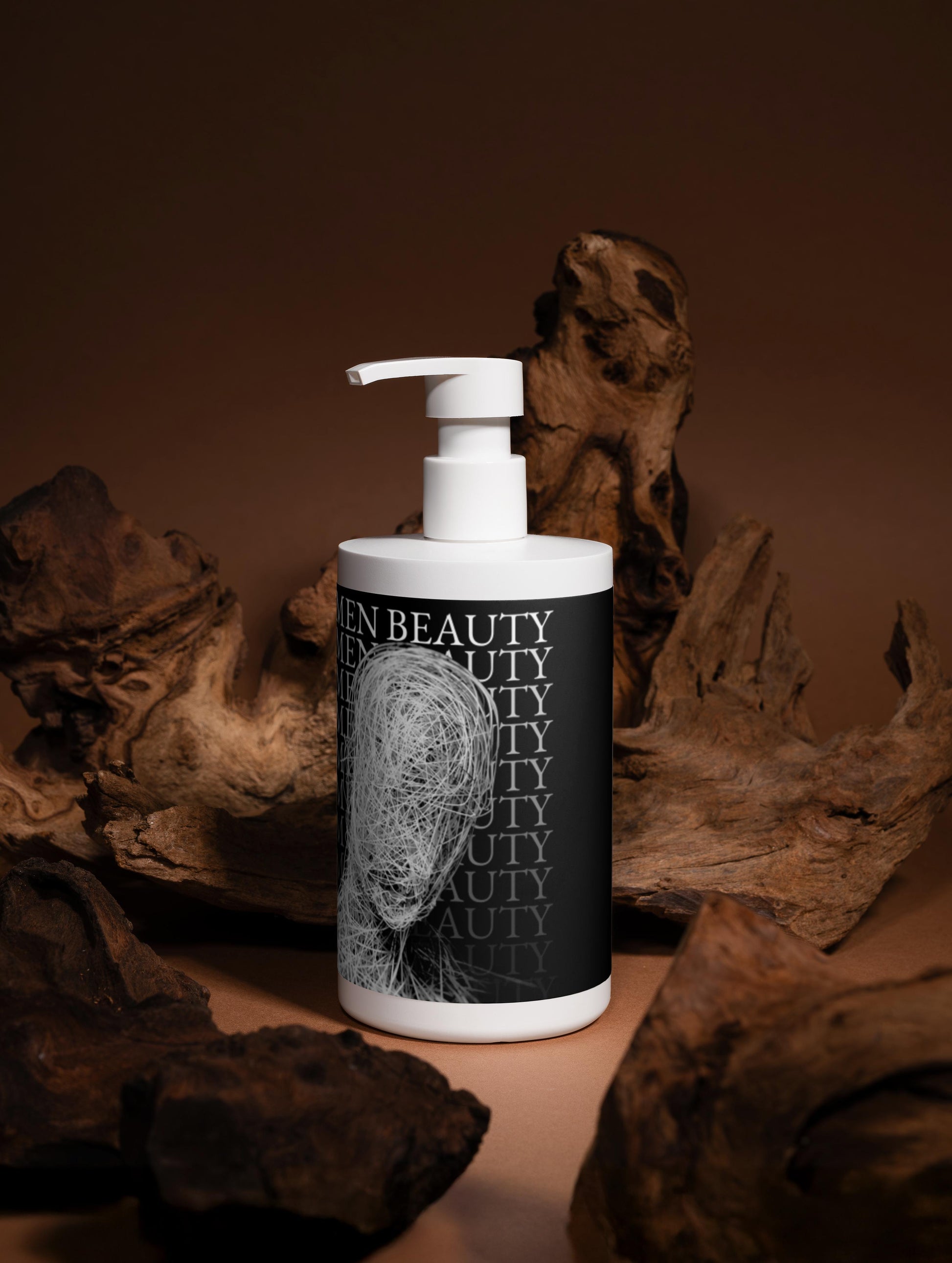 White dispenser bottle with black label featuring a face design on a brown background, Gloss Shampoo.
