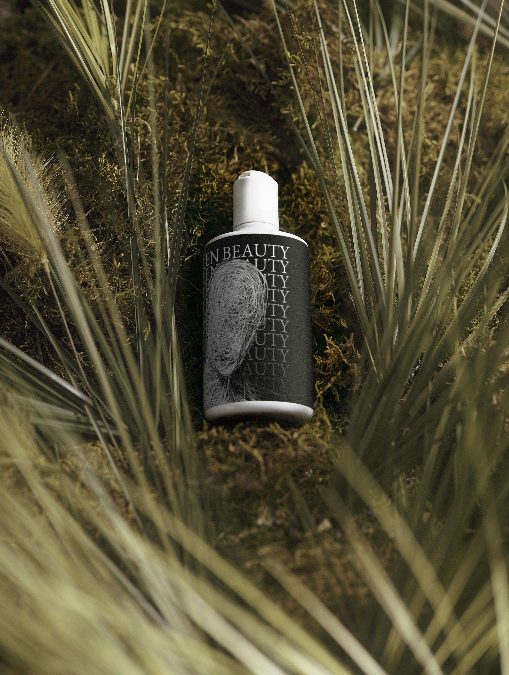 Skincare bottle with 'Men Beauty' branding in a natural setting, Volumize Shampoo.