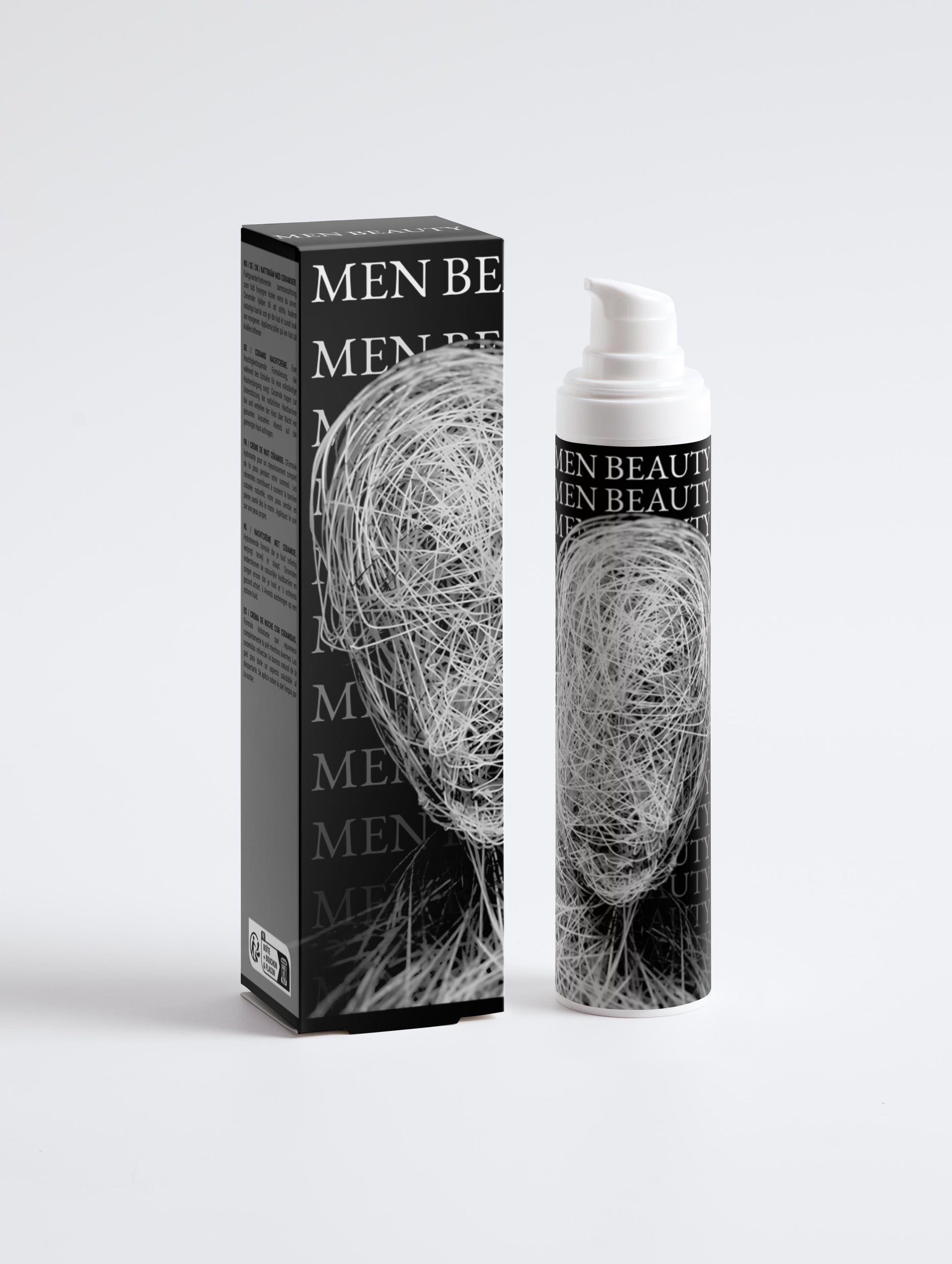 Men's beauty product packaging with box and bottle on a light gray background, Night Cream.