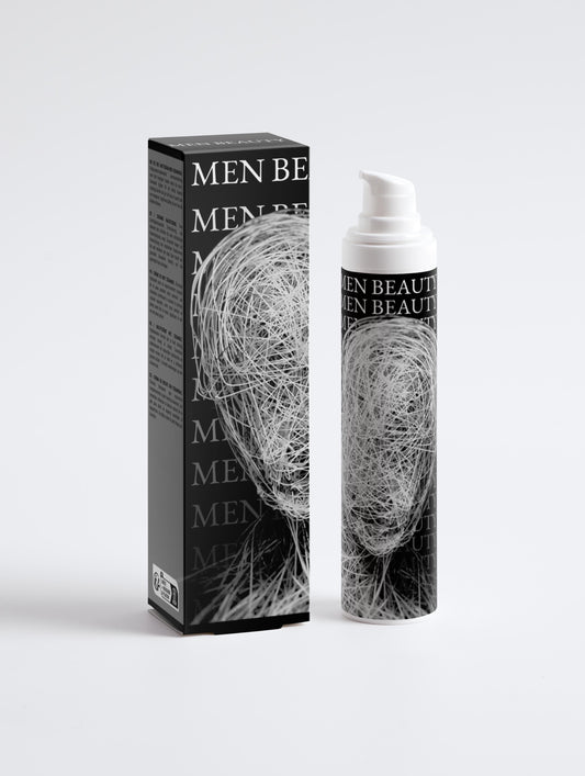 Men's beauty product packaging with box and bottle on a light gray background, Night Cream.