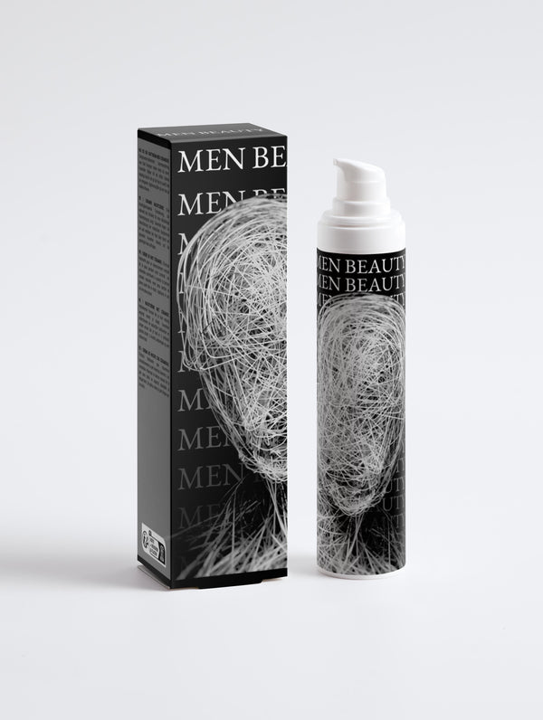 Men's beauty product packaging with box and bottle on a light gray background, Night Cream.